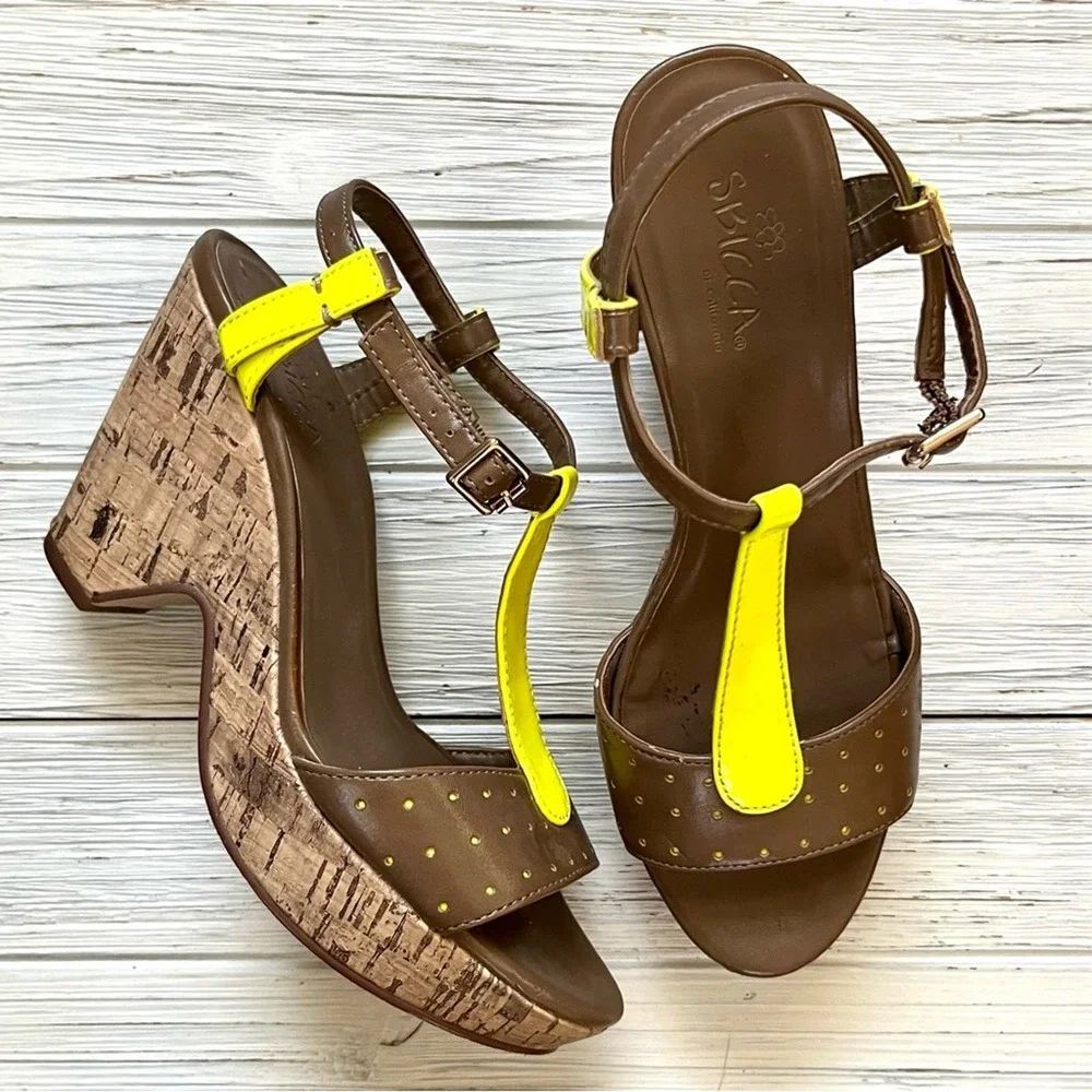 Sbicca California Neon Yellow Cork Wedge Heels 6